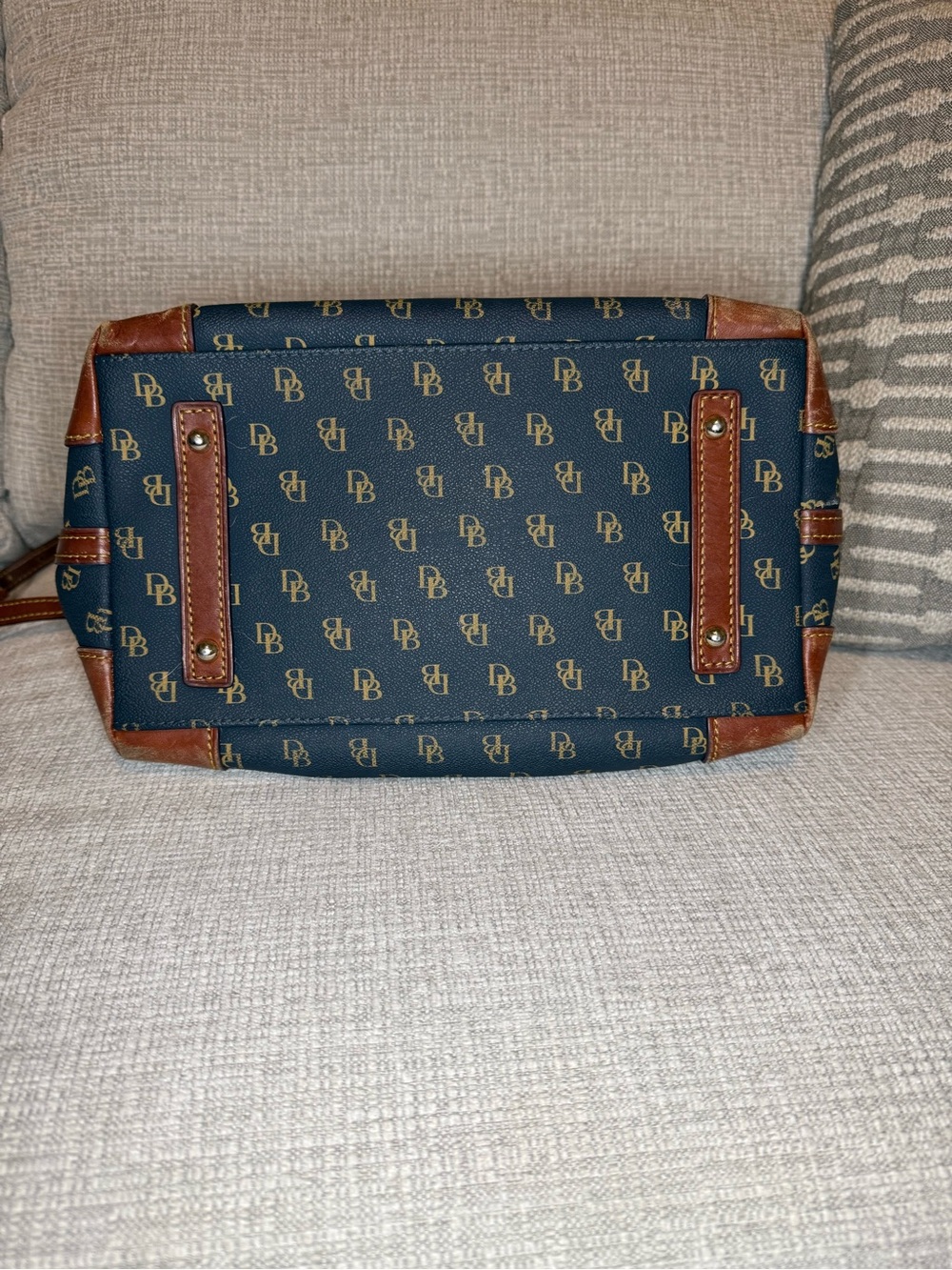 Dooney & Bourke Navy and Brown Signature Gretta Satchel with Leather Trim - Picture 3 of 14